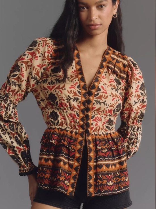 FARM Rio Tops - Farm Rio Long Sleeve Printed V-Neck Blouse